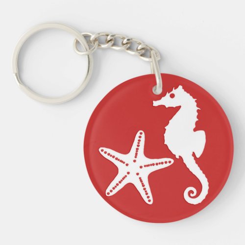 Seahorse  starfish _ dark coral red and white keychain