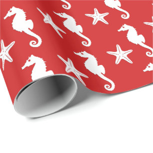 Seahorse & starfish - dark coral red and white wrapping paper
