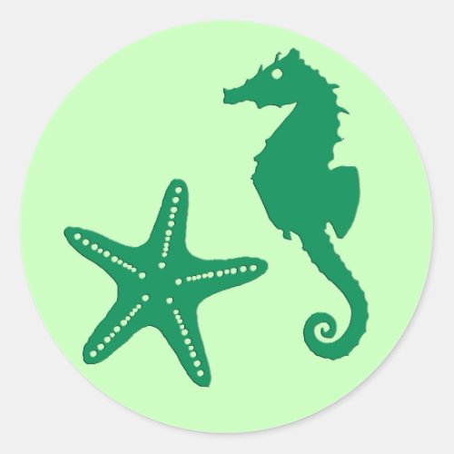 Seahorse  Starfish Emerald  Pastel Green  Classic Round Sticker