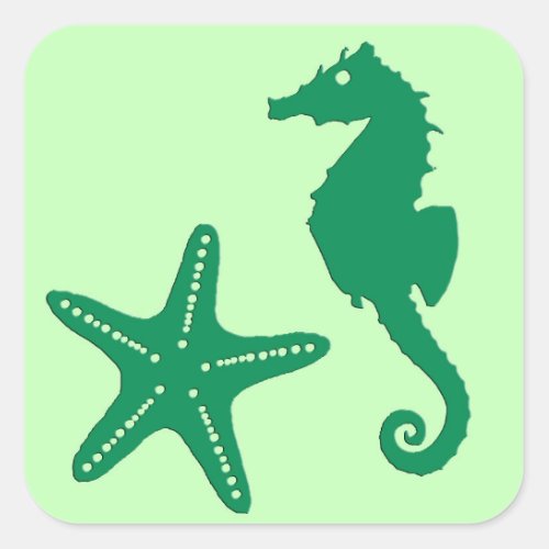 Seahorse  Starfish Emerald  Pastel Green  Square Sticker