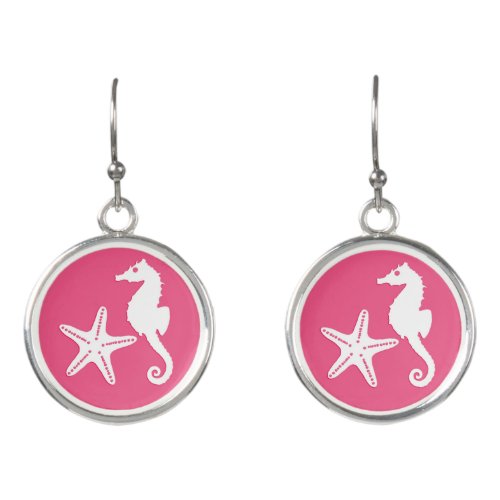 Seahorse  Starfish Fuchsia Pink and White Earrings