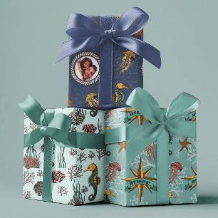 Seahorse, Starfish, Jellyfish & Coral Nautical Wrapping Paper Sheets