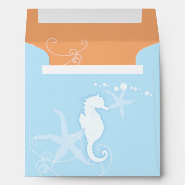 Seahorse Starfish Light Blue Beach Wedding Envelope (Back (Bottom))