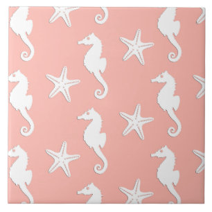Seahorse & starfish - Light Coral Pink Ceramic Tile