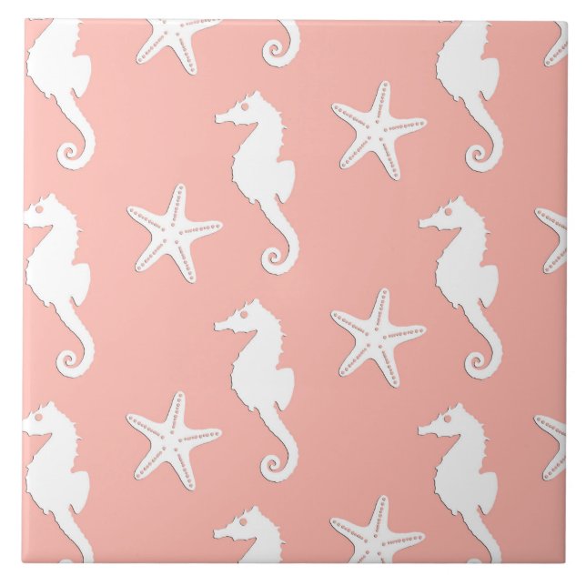 Seahorse & starfish - Light Coral Pink Ceramic Tile (Front)