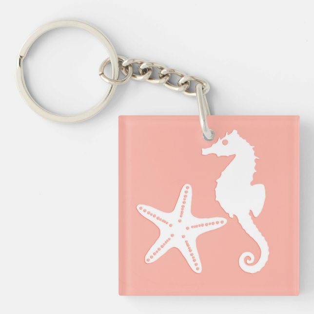 Seahorse & starfish - Light Coral Pink Keychain (Front)