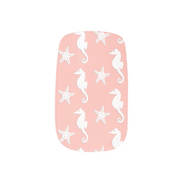 Seahorse & starfish - Light Coral Pink Minx Nail Art (Left Thumb)