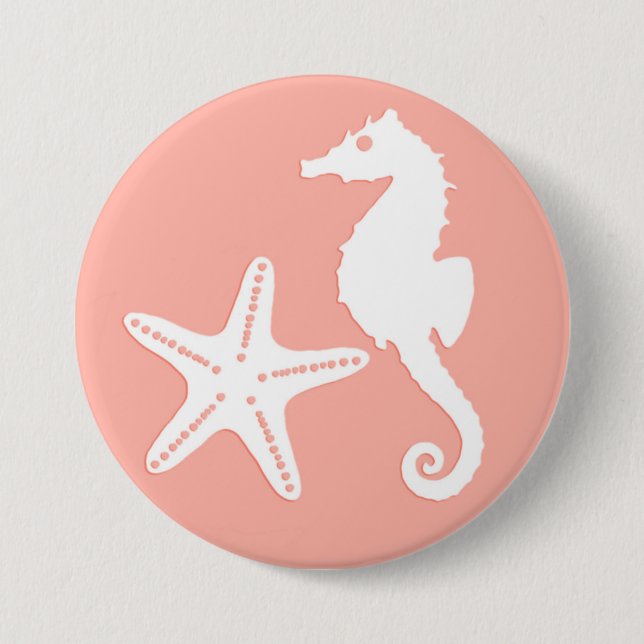Seahorse & starfish - Light Coral Pink Pinback Button (Front)