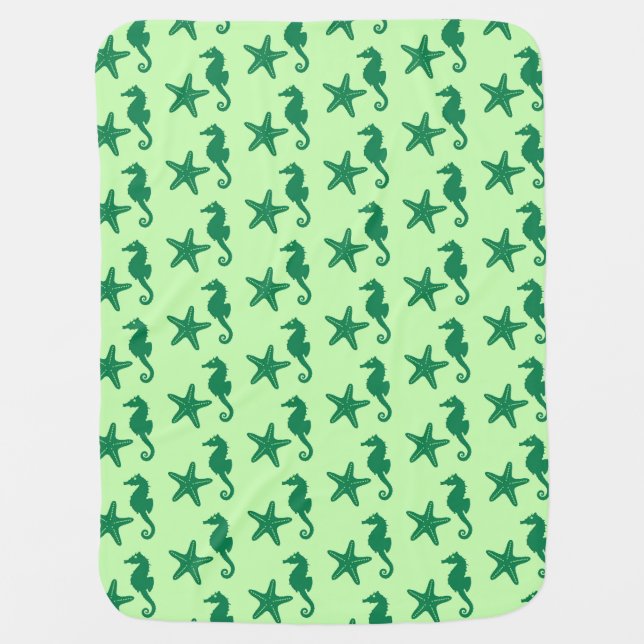 Seahorse & starfish - lime and emerald green baby blanket (Front)