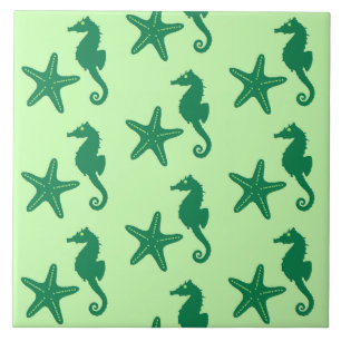 Seahorse & starfish - lime and emerald green ceramic tile