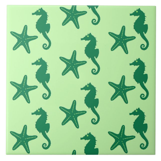 Seahorse & starfish - lime and emerald green ceramic tile (Front)