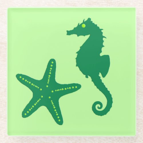 Seahorse  starfish _ lime and emerald green glass coaster