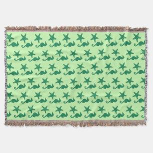 Seahorse & starfish - lime and emerald green throw blanket