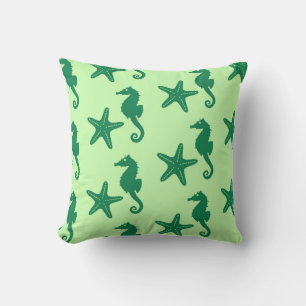 Seahorse & starfish - lime and emerald green throw pillow