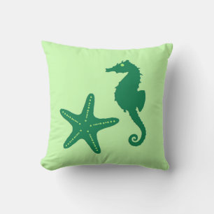 Seahorse & starfish - lime and emerald green throw pillow