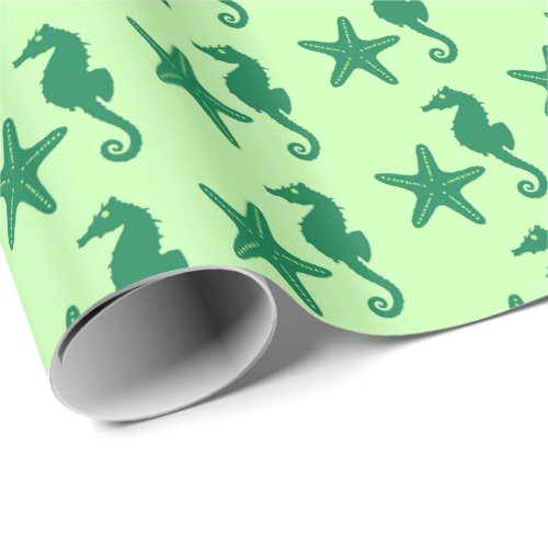 Seahorse  starfish _ lime and emerald green wrapping paper