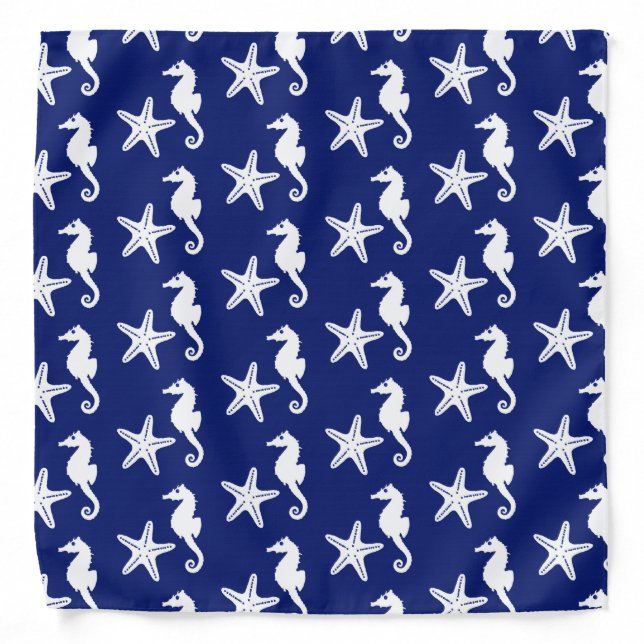 Seahorse & starfish - navy blue and white bandana (Front)