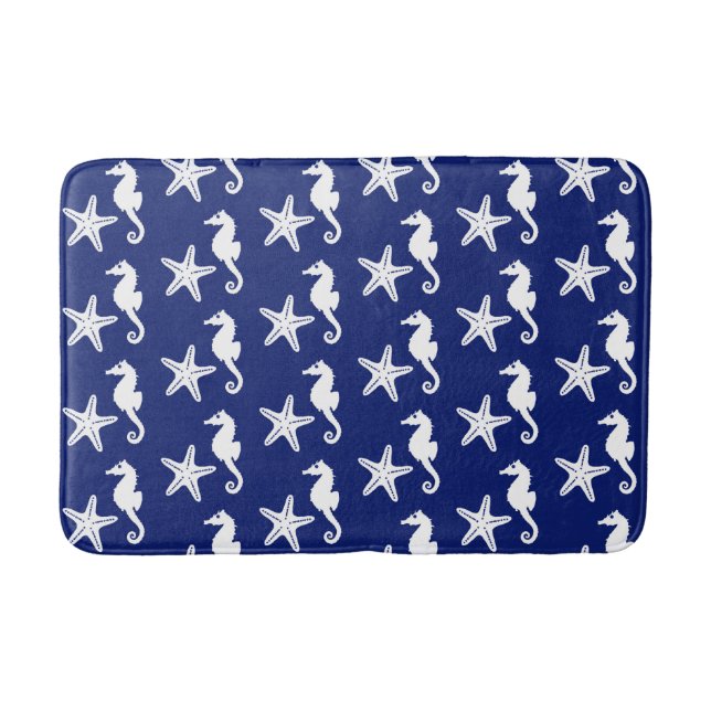 Seahorse & starfish - navy blue and white bathroom mat (Front)
