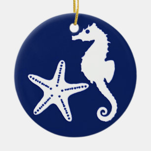 Seahorse & starfish - navy blue and white ceramic ornament