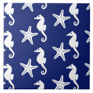 Seahorse & starfish - navy blue and white ceramic tile