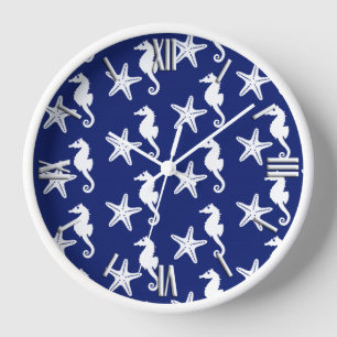 Seahorse & starfish - navy blue and white clock