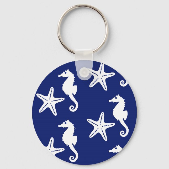 Seahorse & starfish - navy blue and white keychain (Front)