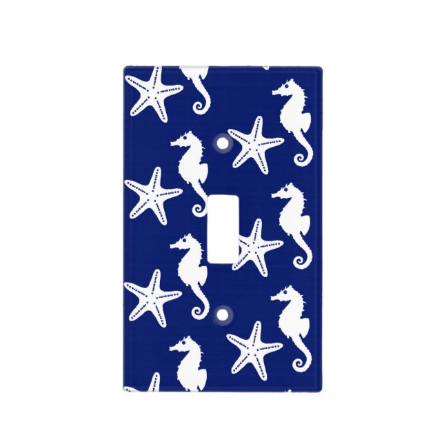 Seahorse & starfish - navy blue and white light switch cover (Front)