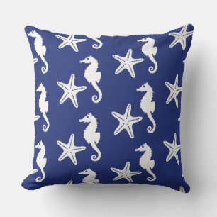 Seahorse & starfish - navy blue and white outdoor pillow