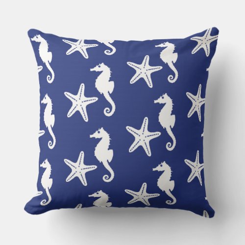 Seahorse  starfish _ navy blue and white outdoor pillow