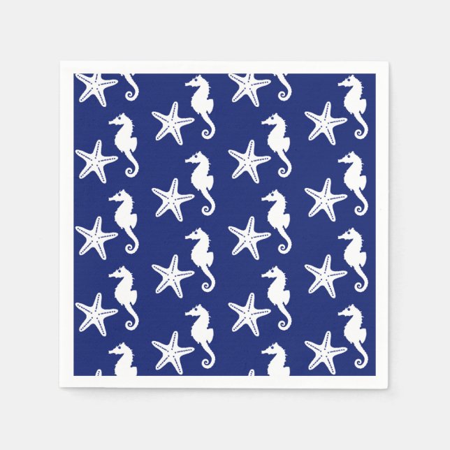 Seahorse & starfish - navy blue and white paper napkins (Front)