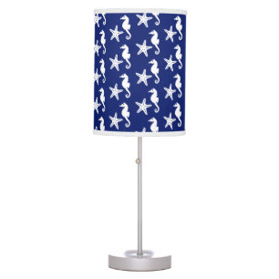 Seahorse & starfish - navy blue and white table lamp