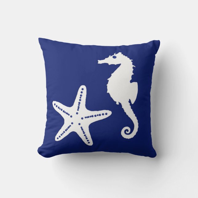 Seahorse & starfish - navy blue and white throw pillow (Front)