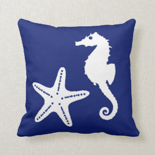 Seahorse & starfish - navy blue and white throw pillow