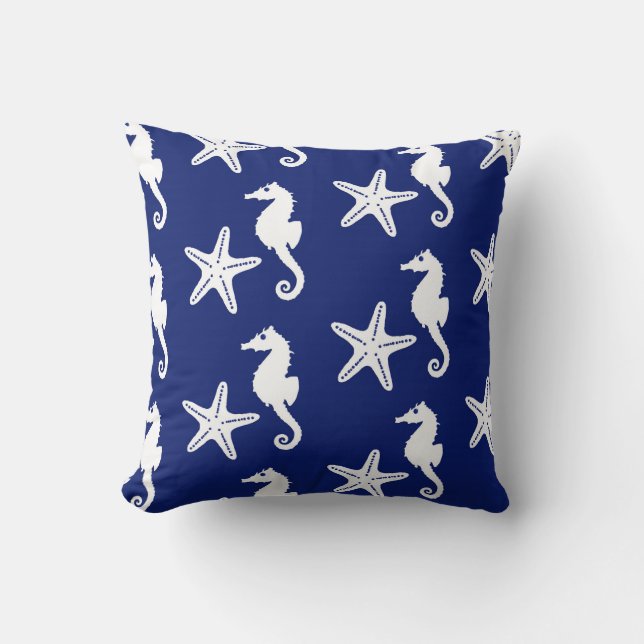 Seahorse & starfish - navy blue and white throw pillow (Front)