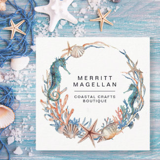 Seahorse Starfish Seashells Coastal Wreath Square Business Card