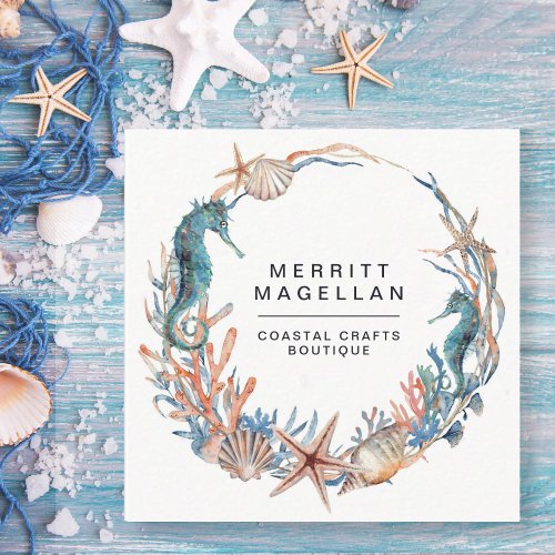 Seahorse Starfish Seashells Coastal Wreath Square  Square Business Card