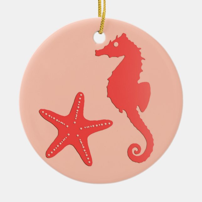 Seahorse & starfish - shades of coral orange ceramic ornament (Front)