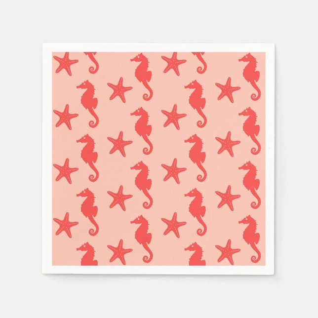 Seahorse & starfish - shades of coral orange paper napkins (Front)