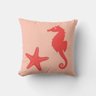 Seahorse & starfish - shades of coral orange throw pillow