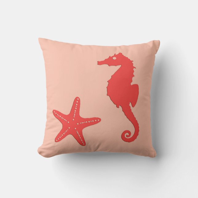 Seahorse & starfish - shades of coral orange throw pillow (Front)