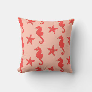 Seahorse & starfish - shades of coral orange throw pillow