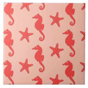 Seahorse & starfish - shades of coral orange tile