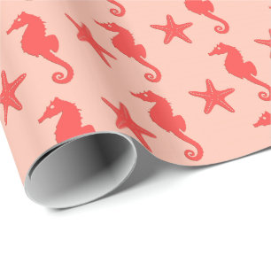 Seahorse & starfish - shades of coral orange wrapping paper