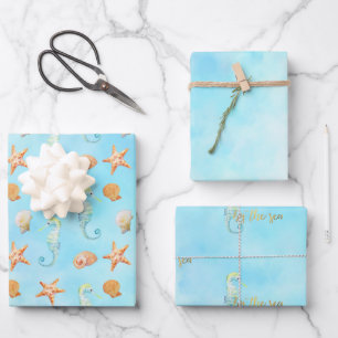Seahorse Starfish Shells Peach Aqua Ocean     Wrapping Paper Sheets
