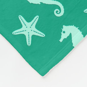 Seahorse & starfish - teal and seafoam green fleece blanket