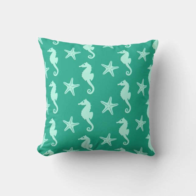 Seahorse & starfish - teal and seafoam green outdoor pillow (Front)