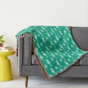 Seahorse & starfish - teal and seafoam green throw blanket