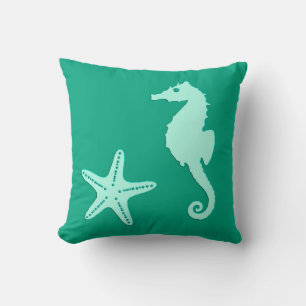 Seahorse & starfish - teal and seafoam green throw pillow
