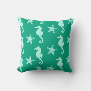 Seahorse & starfish - teal and seafoam green throw pillow