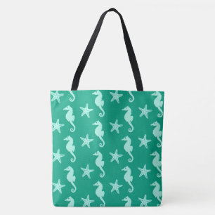 Seahorse & starfish - teal and seafoam green tote bag